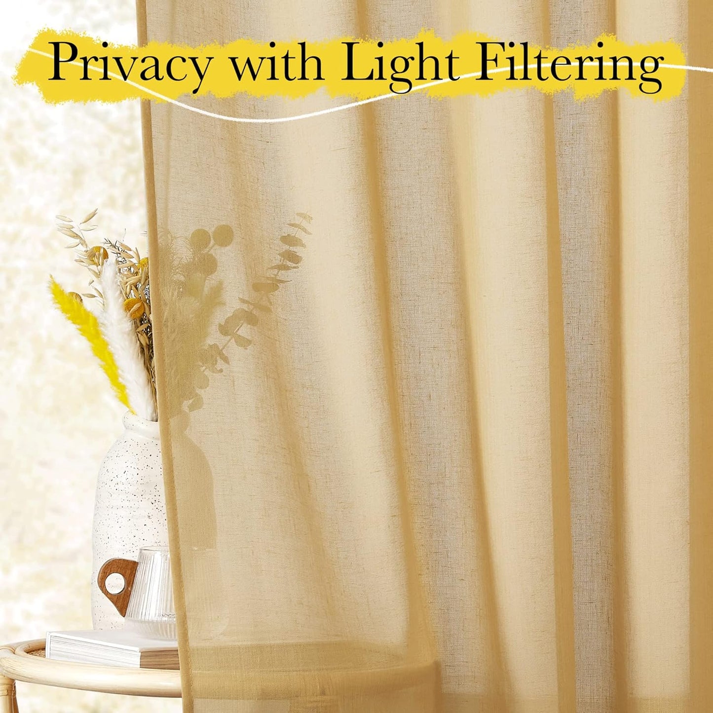 NICETOWN Sheer Linen Desert Yellow Curtains 84 inch Long for Bedroom, Rod Pocket & Back Tab Privacy Semi Sheer Light Filtering Flax Linen Window Drapes for Living Room, W52 x L84, 2 Panels