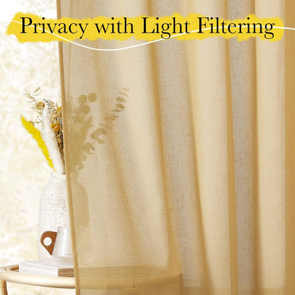 NICETOWN Sheer Linen Desert Yellow Curtains 84 inch Long for Bedroom, Rod Pocket & Back Tab Privacy Semi Sheer Light Filtering Flax Linen Window Drapes for Living Room, W52 x L84, 2 Panels