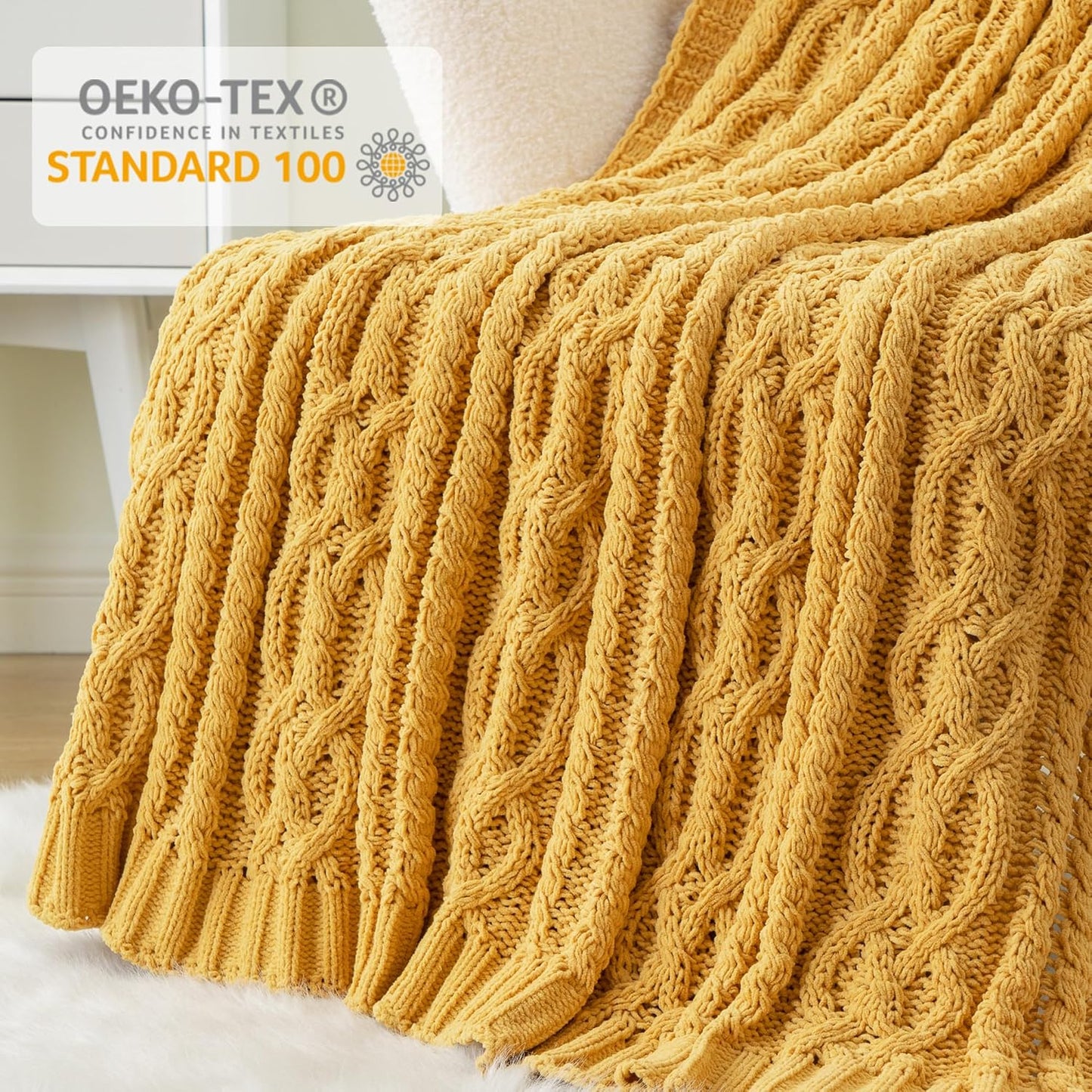 Battilo Mustard Yellow Throw Blanket 51"x67" Chenille Knitted Throw Blanket for Couch, Gold Throw Blankets for Home Decor, Summer Fall Decor Blanket