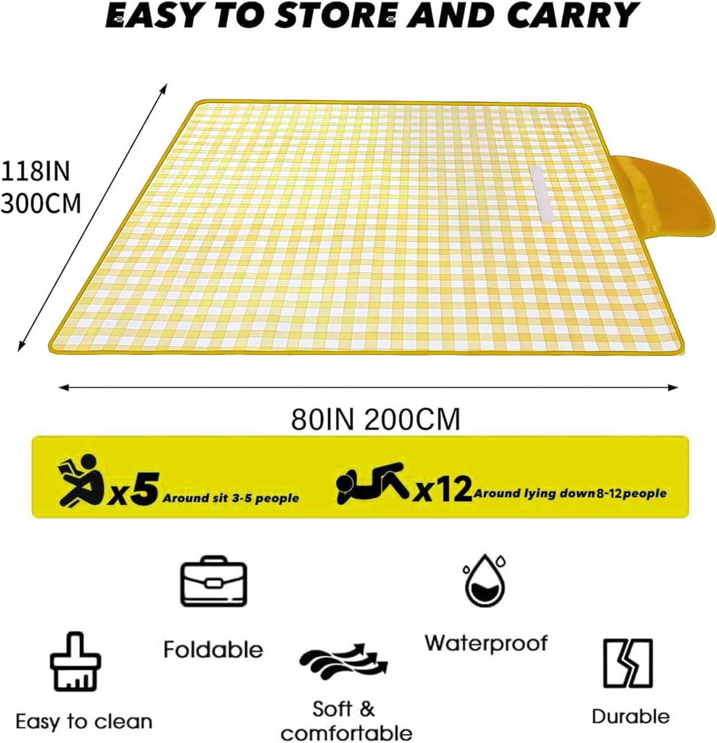 80" x 120" Sandproof Waterproof Picnic Blanket, Beach Mat for Outdoor Camping Hiking Park, Portable with Tote Bag, Non-Stick Sand & Grass, Foldable for Indoor Outdoor Use (Yellow)