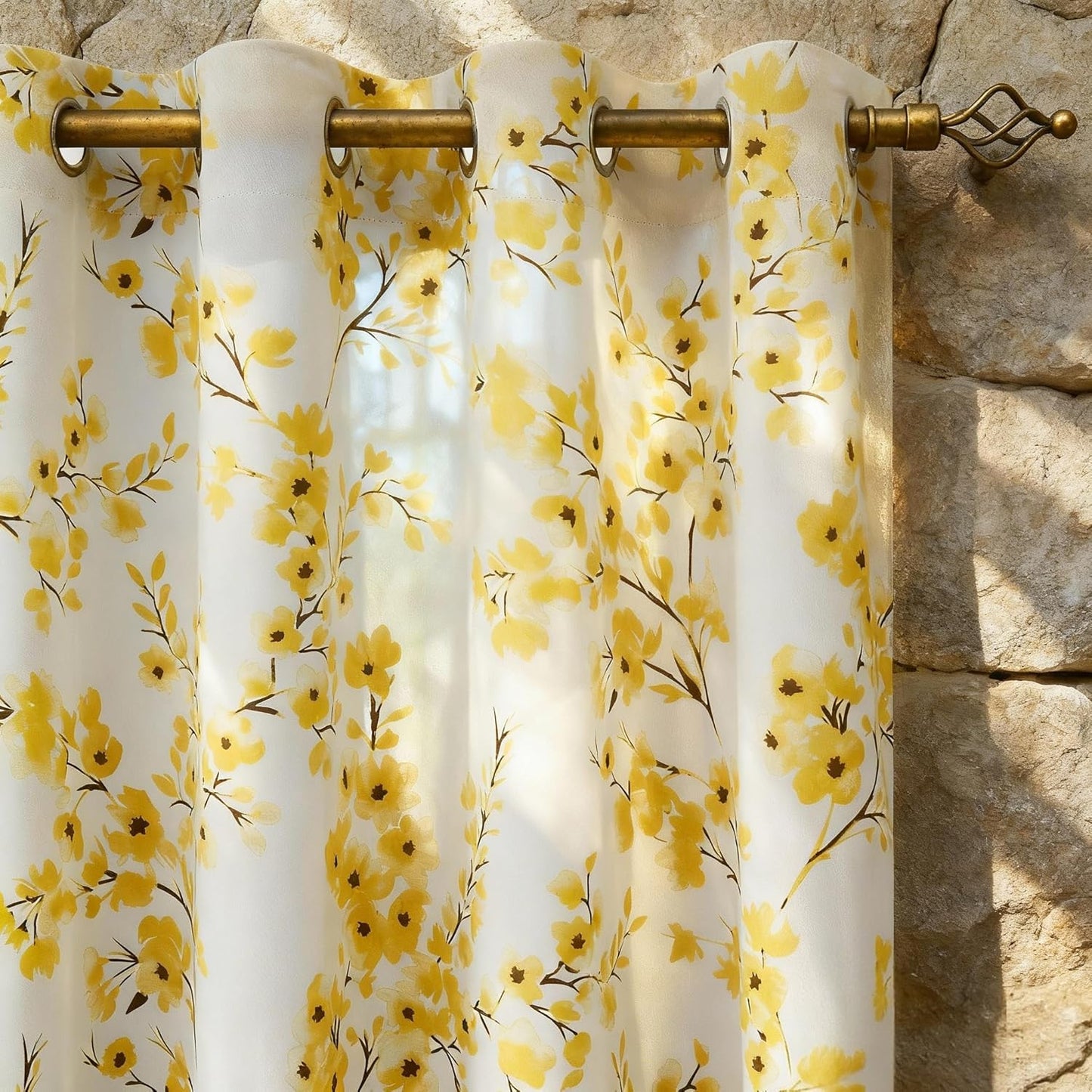 HOMEIDEAS Yellow Floral Blackout Curtains, 52 x 84 Inches Long Room Darkening Flower Grommet Drapes for Living Room, Bedroom, 2 Panels