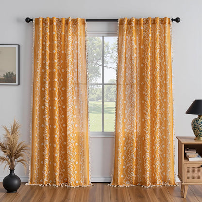 MYSKY HOME Boho Floral Curtains 84 inch Long 2 Panels Set Golden Mustard Yellow Farmhouse Curtains for Bedroom Living Room Light Filtering Semi Sheer Drapes with White Tassel Back Tab, 50" Wide
