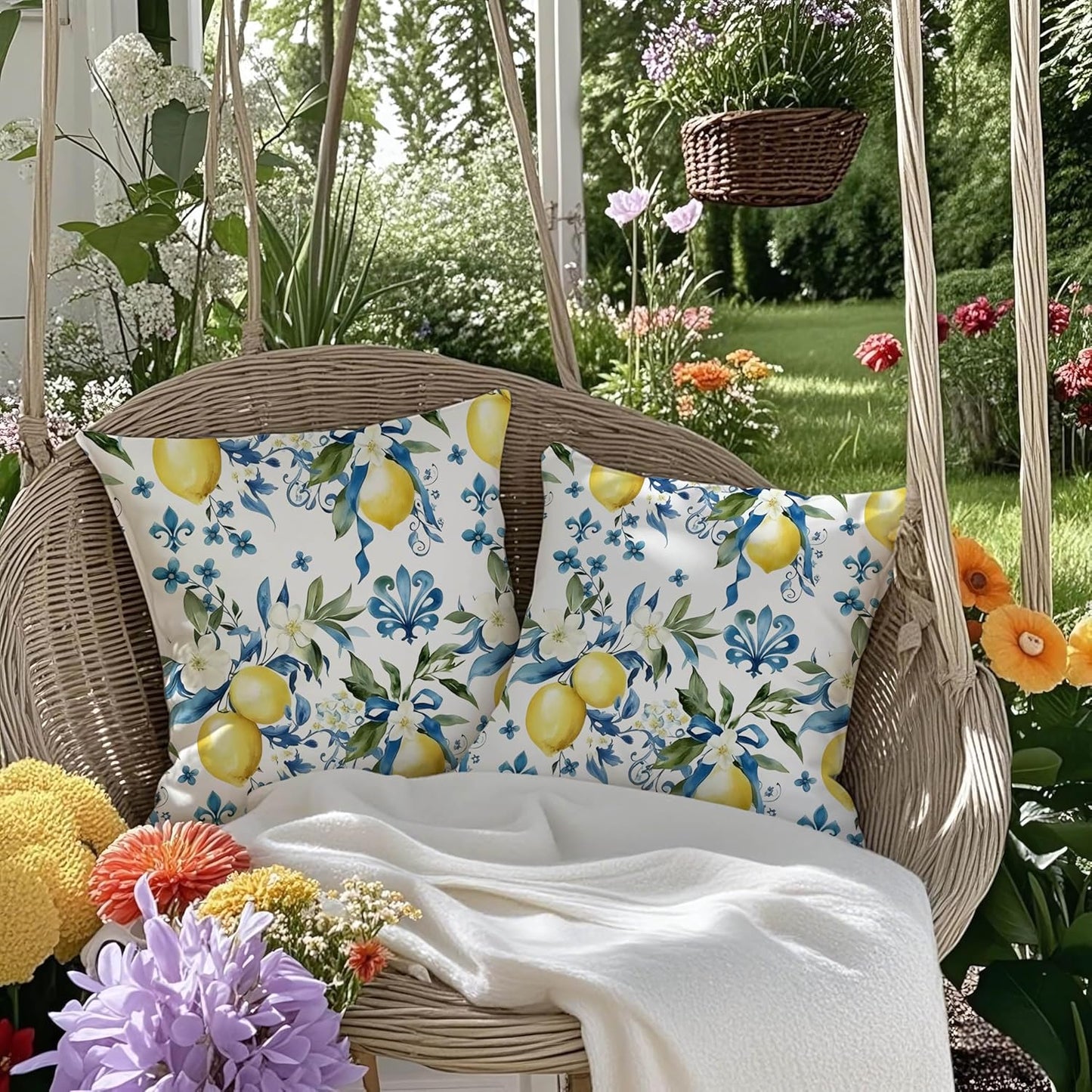 mellicoma Waterproof Outdoor Pillow Covers 18x18 Pack of 2 Blue White Lemon Throw Outdoor Pillows for Garden Funiture Patio Home