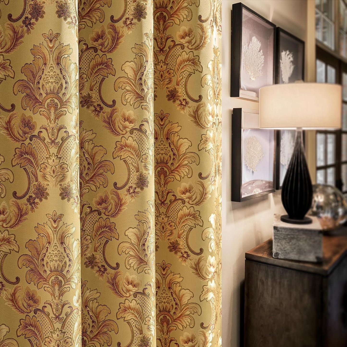Loom and Mill Luxury Damask Curtains for Living Room, Golden Floral Thick Jacquard Window Treatment with Tiebacks for Bedroom Christmas Party Banquet Decorations (2 Panels, 52 x 108 Inch, Yellow)