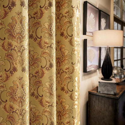 Loom and Mill Luxury Damask Curtains for Living Room, Golden Floral Thick Jacquard Window Treatment with Tiebacks for Bedroom Christmas Party Banquet Decorations (2 Panels, 52 x 108 Inch, Yellow)