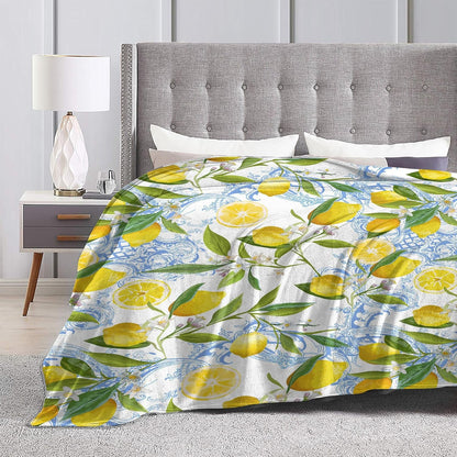 Lemon Floral Blanket Yellow Fruits Green Leaves Lemon Gifts for Women Kids Girls Home Bedroom Living Room Decor Soft Lightweight Throw Blankets 60"x50"