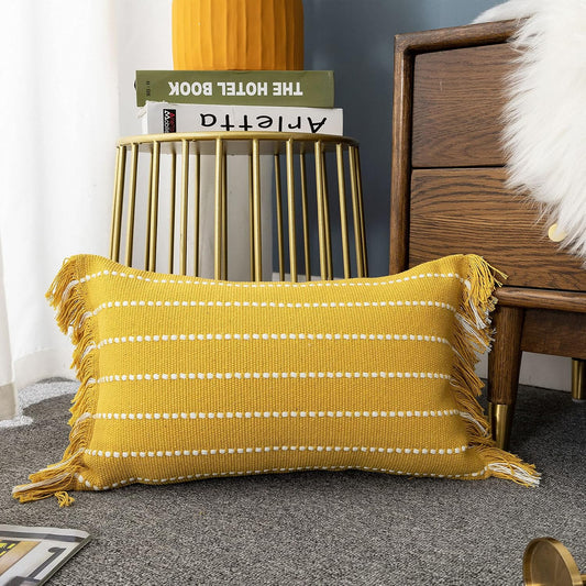 LIGICKY Decorative Boho Lumbar Tassel Throw Pillow Covers Rectangle Woven Cotton Cushion Cover Striped Pillowcases for Couch Sofa Bedroom Living Room, Yellow and White 12 x 20 Inch