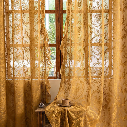Deeprove Boho Gold Lace Sheer Curtains 84 inches Long 2 Panels Set for Bedroom Living Room, Yellow Florals Ruffled Vintage Window Treatment 84 inch Length Pair Fall Decor Privacy Drapes, W55 x L84