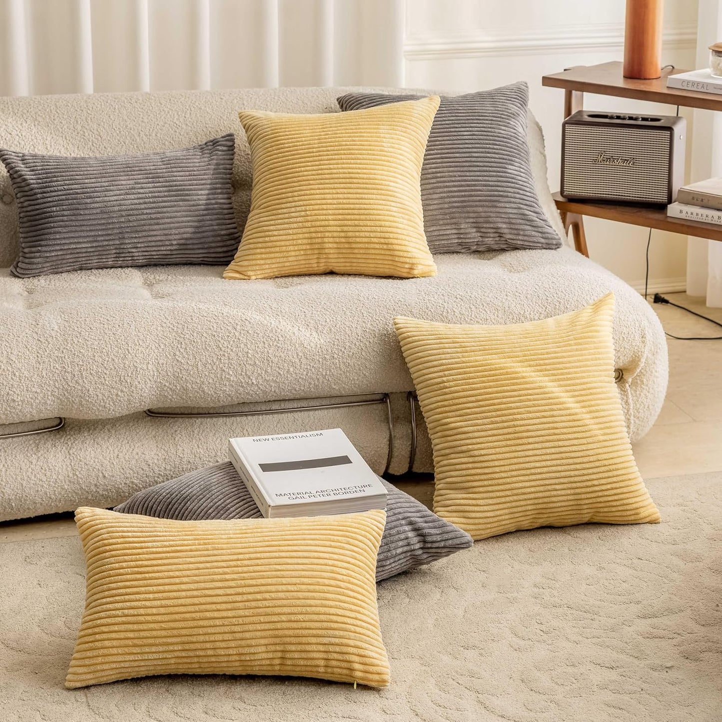 Home Brilliant Yellow Pillow Covers Summer Decorative Set of 2 Striped Corduroy Plush Velvet Throw Pillow Covers for Couch Decor, 18x18 inch, Light Yellow