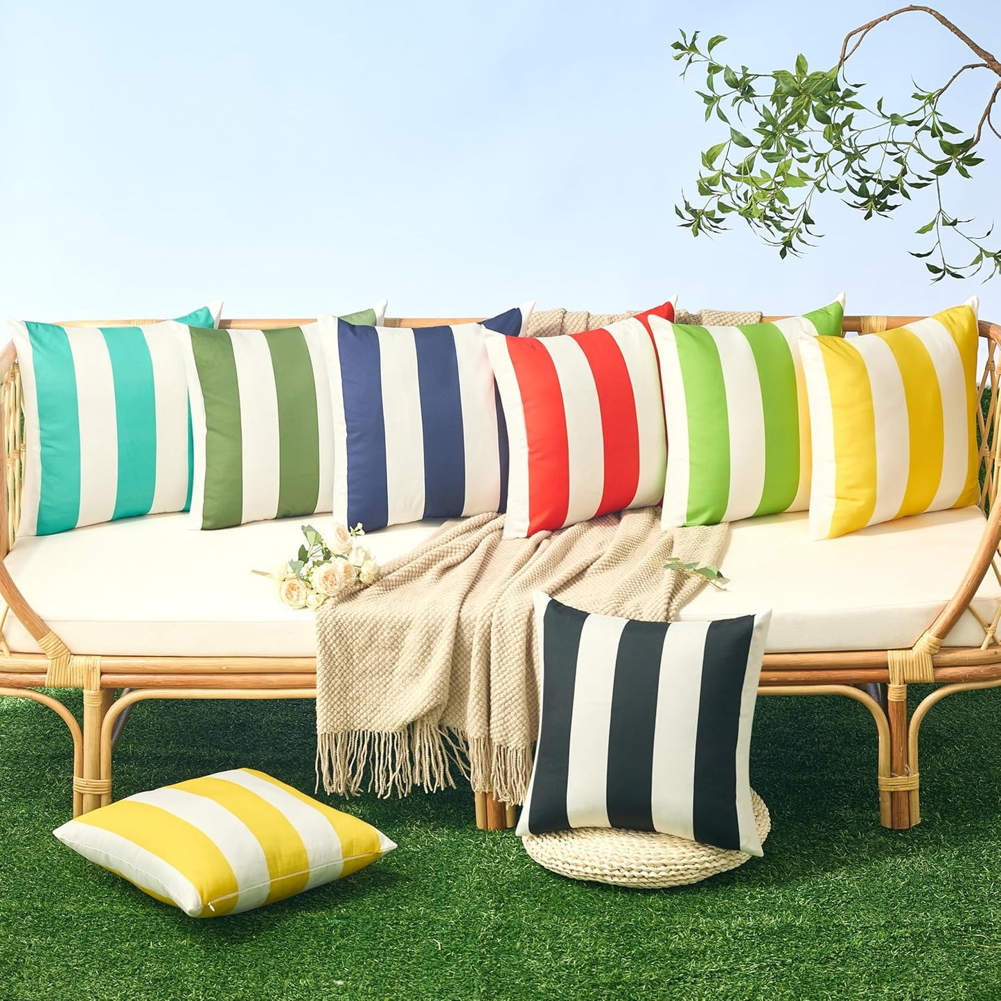 Allorry Outdoor Pillow Covers 18x18 Set of 2 Yellow Striped Decoration Throw Pillow Covers for Spring Summer Outdoor Waterproof Garden Patio Furniture Sofa Bed Home Decor JB007-F18