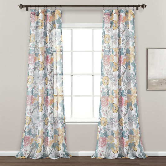Lush Decor Sydney Sheer Window Curtain Panel Set, Pair, 52" W x 84" L, Blue & Yellow - Botanical Garden Design - Country Cottage Home Decor - Floral Curtains for Bedroom, Living Room, & Dining Room