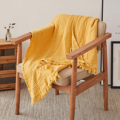 FALUCA Cotton Muslin Throw Blanket 50x60 Inches for Bed, Couch, Knit Woven Gauze Blanket, Soft Lightweight Cozy Breathable Farmhouse Decoration for All-Season, Mustard Yellow