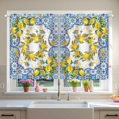 Lemon Kitchen Valance for Windows, Yellow and Blue Mediterranean Curtains Valances 54”x18”, Farmhouse Sunner Decorations for Home, Seasonal Sunshine Window Treatment Tiers