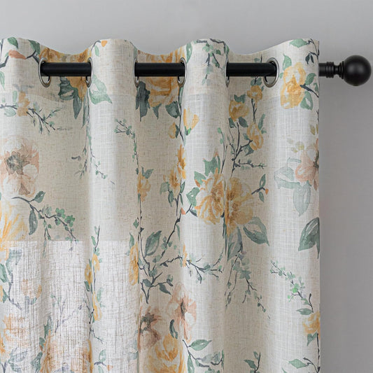 MEETSKY Yellow Floral Curtains 63 Inch Length, Light Filtering Linen Farmhouse Drapes for Living Room Bedroom, Vintage Rose Pattern with Grommet Drapes, 2 Panels, Each 52 Inch Wide