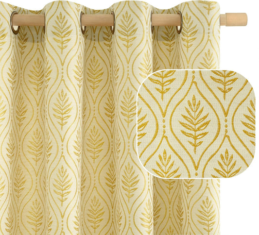 BGment Mustard Yellow Cottage Core Curtains for Living Room, French Country Leaf Jacquard Botanical Pattern Boho Vintage Grommet Window Decor Semi Sheer Linen Curtains, 2 Panels, 52 x 90 Inch
