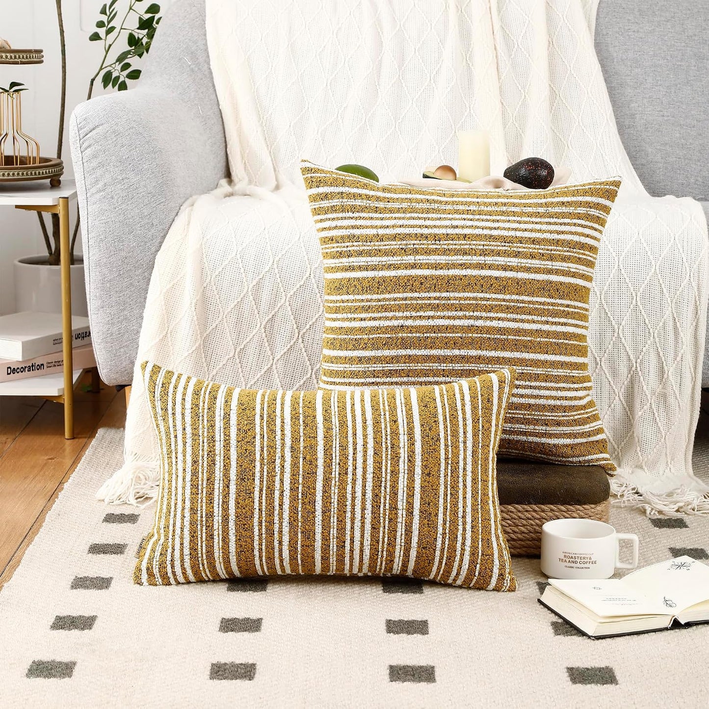Yellow Striped Chenille Throw Pillow Covers 18x18 Inch Set of 2 Modern Farmhouse Decorative Cushion Covers for Sofa Couch Living Room Bedroom