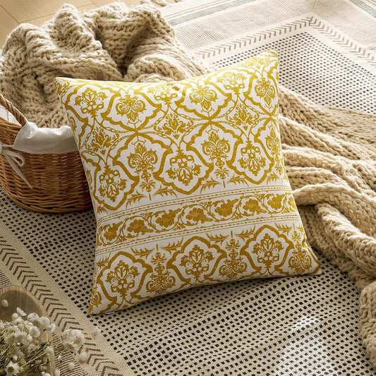 Mustard Yellow Floral Pillow Covers: 18x18 Decorative Vintage Rustic Patterned Throw Pillows - Farmhouse Boho Couch Sofa Cushions Pillowcases Set of 2 Living Room Square Cotton Throw Pillow Covers