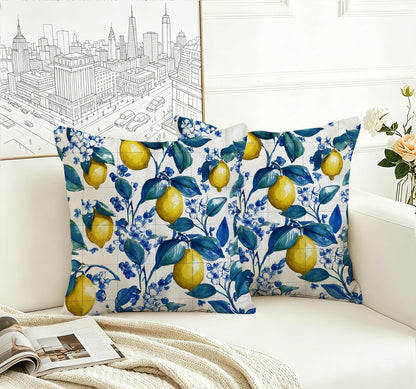 Blue Lemon Pillow Covers 18x18 Set of 2, Mediterranean Italian Lemon Floral Tile Decorative Throw Pillow Covers, Double-Sided Cushion Covers for Couch Sofa Farmhouse Spring Summer Kitchen Home Decor