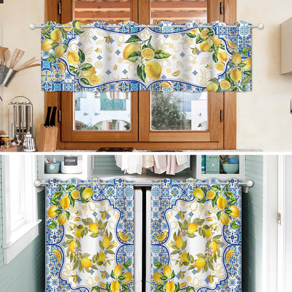 Lemon Mediterranean Kitchen Curtains, Yellow and Blue Summer Curtain Sets for Windows, Farmhouse Sunshine Window Curtains Over Sink and Valances Set of 3, Seasonal Decorations for Home, 54”x24”