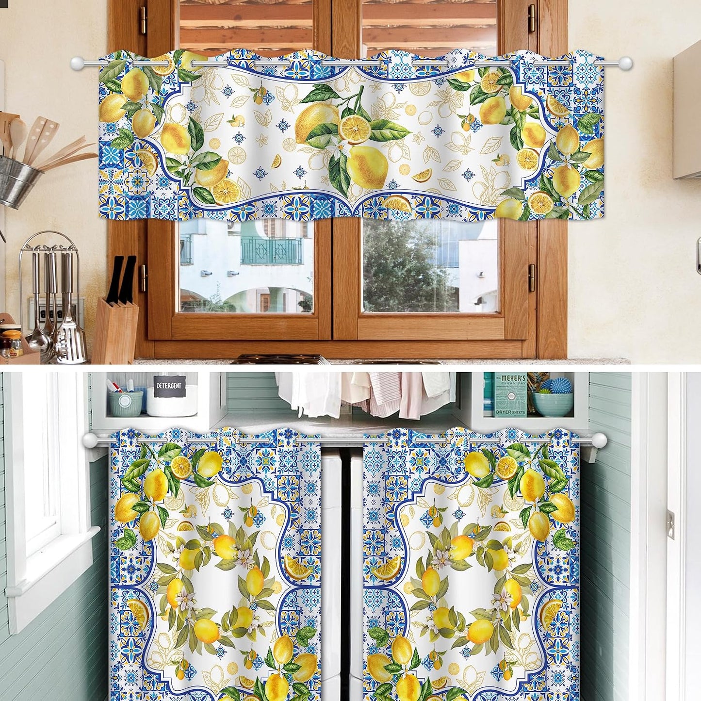 Lemon Kitchen Valance for Windows, Yellow and Blue Mediterranean Curtains Valances 54”x18”, Farmhouse Sunner Decorations for Home, Seasonal Sunshine Window Treatment Tiers