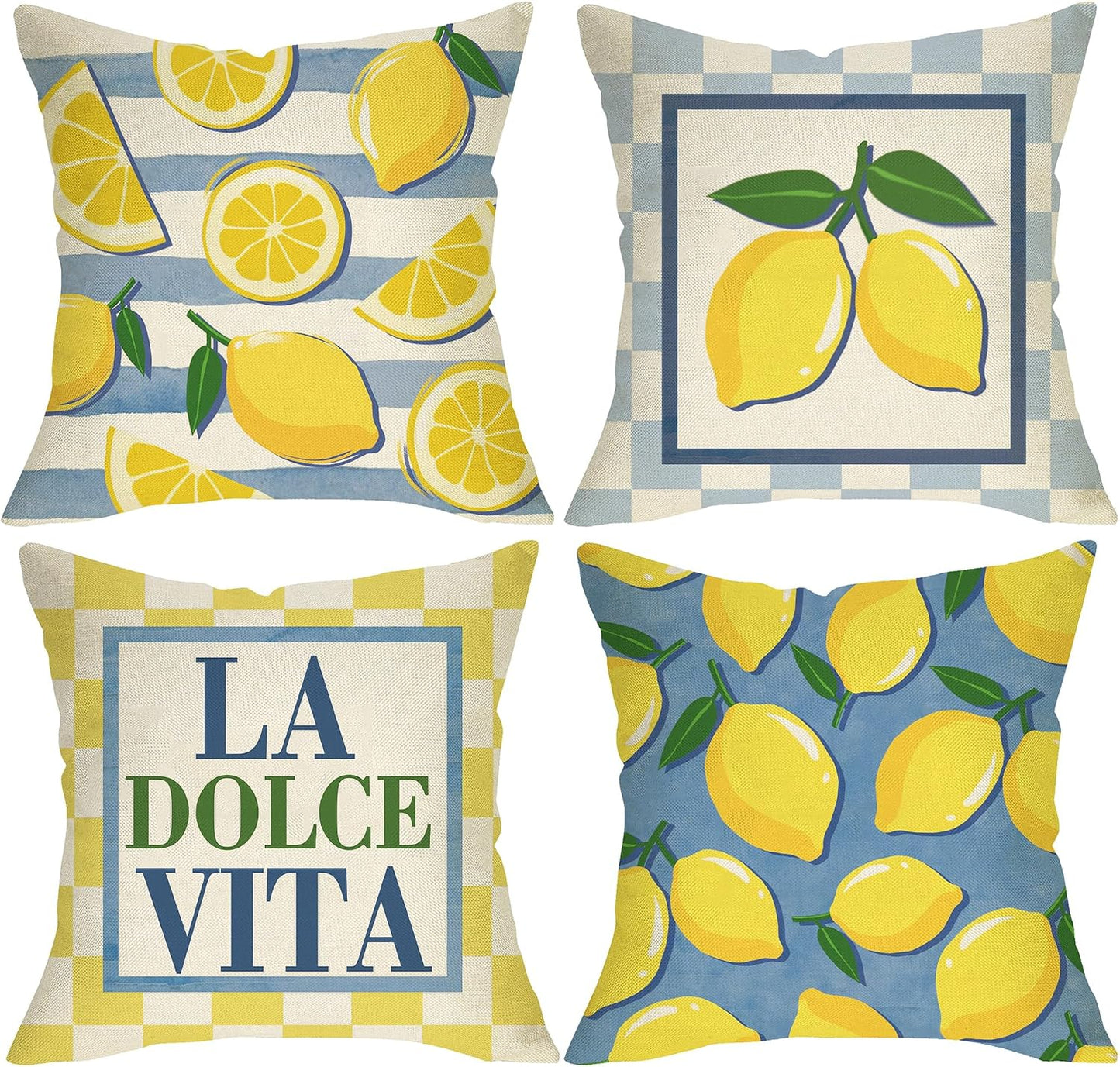 Lemon Theme Decorative Throw Pillow Covers 18 x 18 Set of 4, Italy La Dolce Vita Citrus Fruit Yellow Blue Plaid Stripes Porch Outdoor Home Decor, Summer Mediterranean Sofa Couch Cushion Case