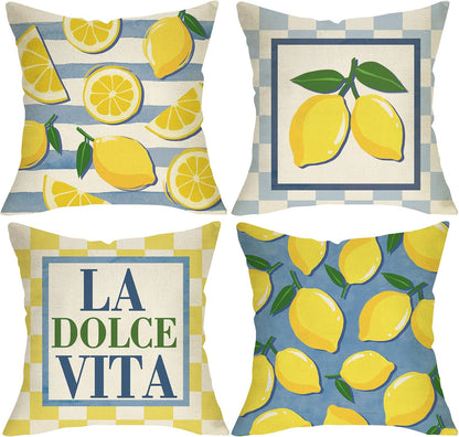 Lemon Theme Decorative Throw Pillow Covers 18 x 18 Set of 4, Italy La Dolce Vita Citrus Fruit Yellow Blue Plaid Stripes Porch Outdoor Home Decor, Summer Mediterranean Sofa Couch Cushion Case