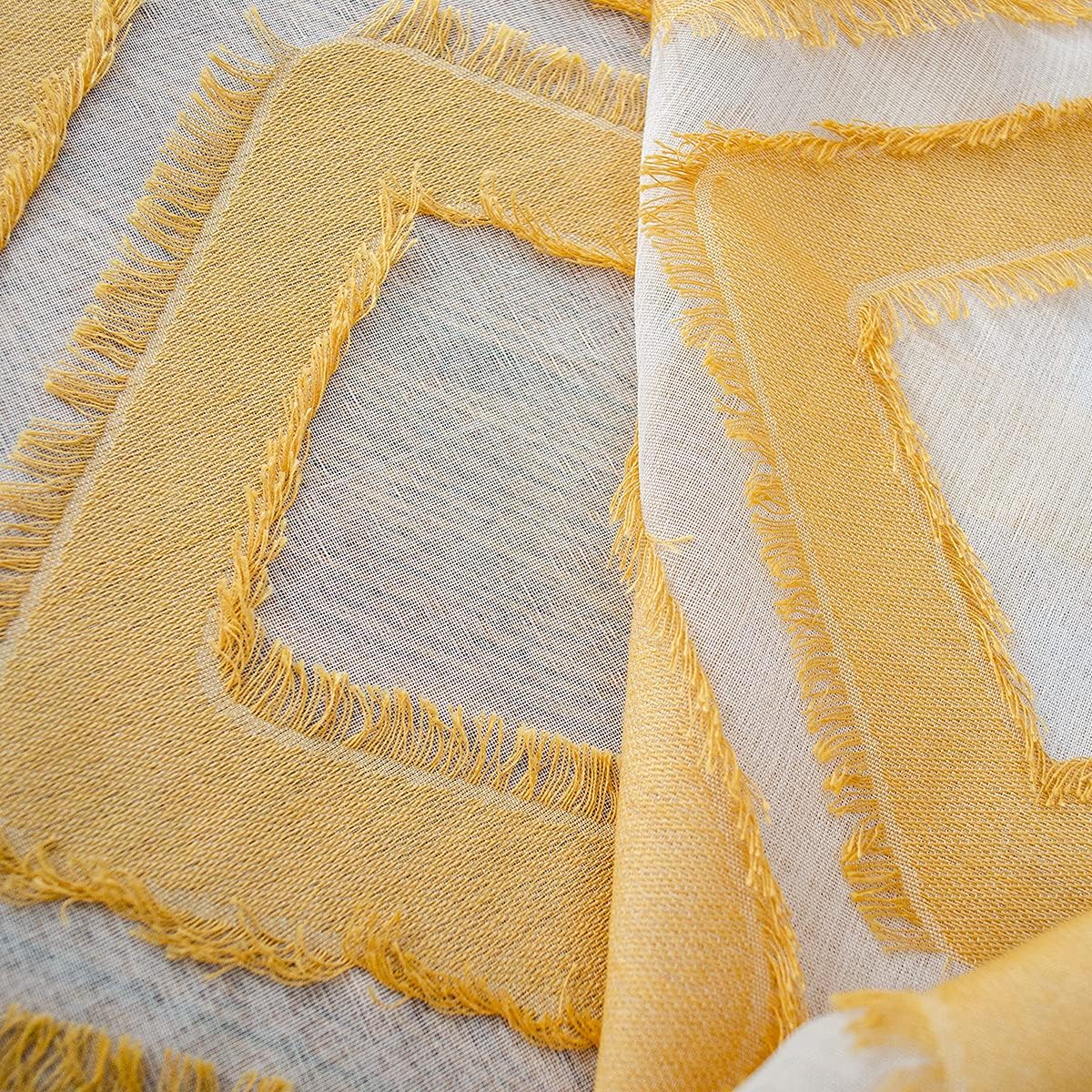 Linentalks Shaggy Yellow Sheer Curtains 63 Inches Long 2 Panels Set, Geometric Patterned Sheer Curtains for Living Room, Mustard Yellow Drapes Faux Linen Grommet Short Window Curtain Panels