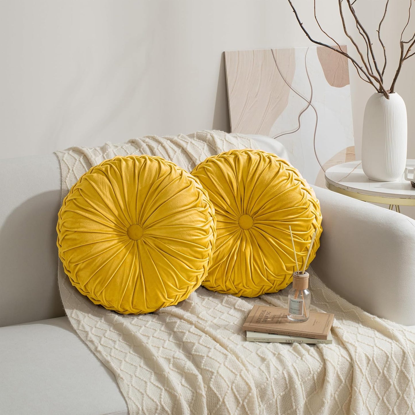 HIG Set of 2 Yellow Ruched Velvet Round Throw Pillows – 14.5’’ Decorative Pillows with Soft Polyester Filling for Couch, Bed, Living Room, Bedroom, or Dorm – Handmade, Stress Relieving, All-Season