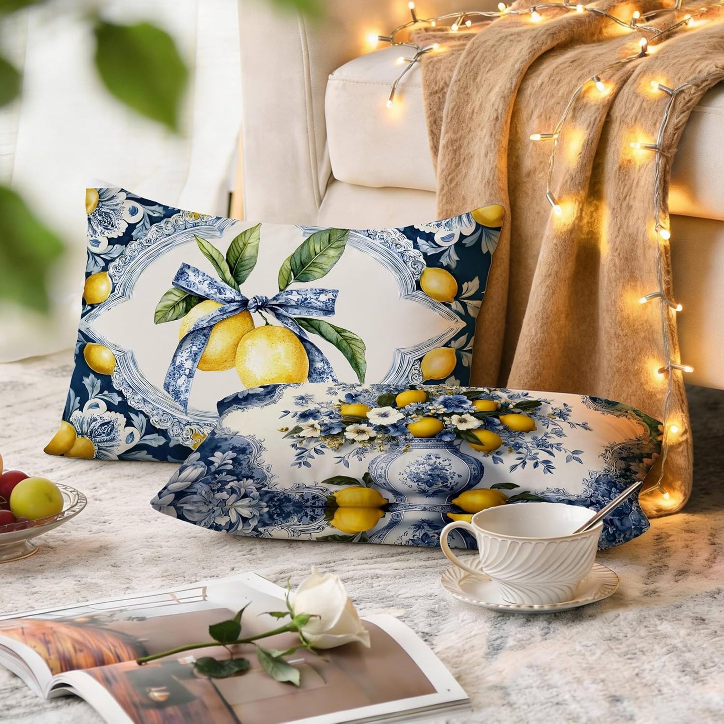 Mediterranean Italian Lemon Lumbar Pillow Covers 12x20 Set of 2, Amalfi Coast Blue and White Floral Bow Yellow Lemon Decorative Throw Pillow Covers Cases for Couch Bed Home Room Bedroom