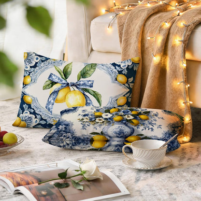 Mediterranean Italian Lemon Lumbar Pillow Covers 12x20 Set of 2, Amalfi Coast Blue and White Floral Bow Yellow Lemon Decorative Throw Pillow Covers Cases for Couch Bed Home Room Bedroom