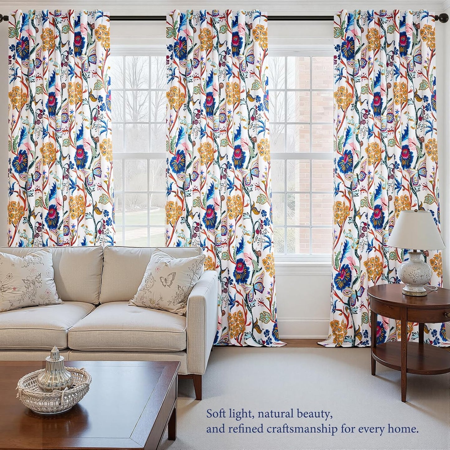 Topfinel Blackout Curtains for Bedroom Butterfly Flower Boho Farmhouse 72 Inch Long Drapes for Dining Room Living Room Royal Blue and Yellow French Country Hooks Rings Window Drapes,2 Panels