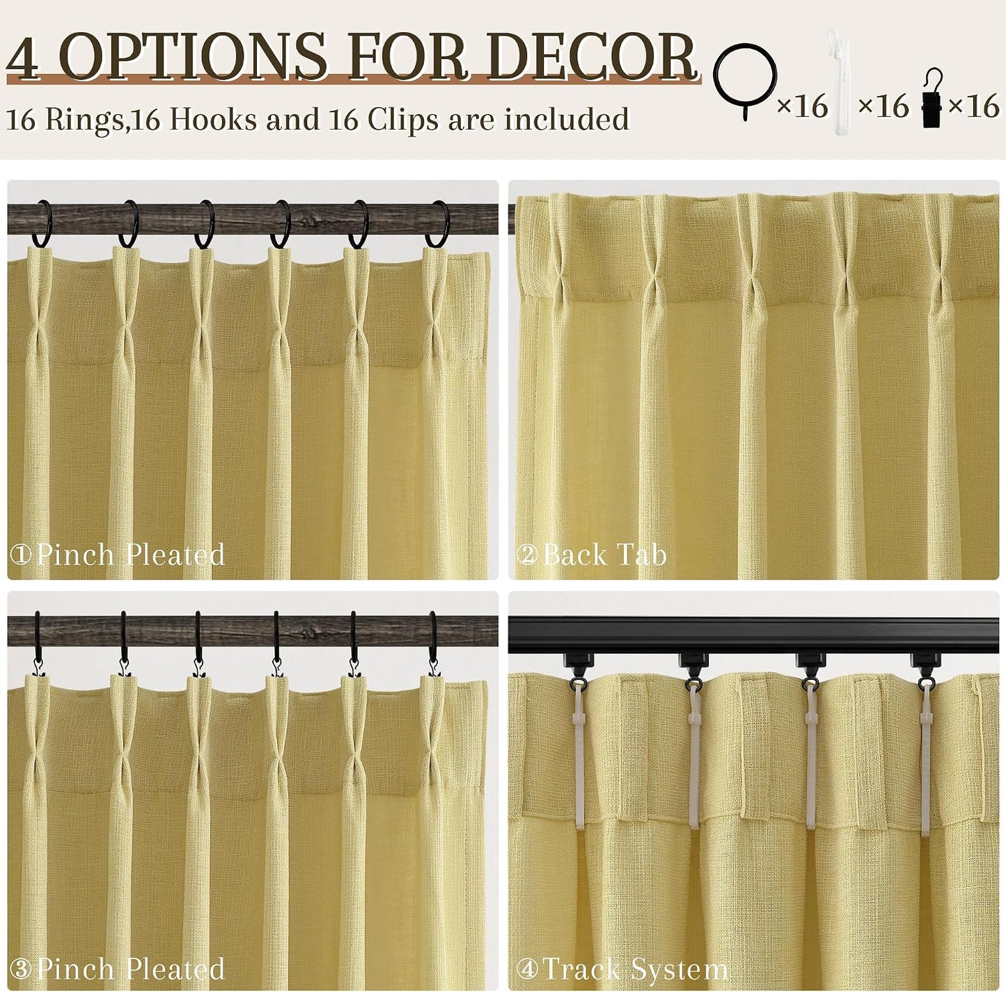 Yellow Linen Pinch Pleated Curtains 84 Inches Long 2 Panels for Living Room Bedroom Farmhouse Autumn Fall Boho Back Tab Thick Semi Sheer Light Filtering Privacy Window Drapes Clip Rings Hooks 40x84