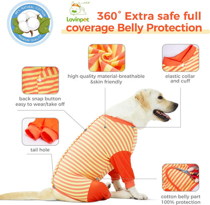 Dog Recovery Bodysuit, Full Body Wound Protection for Large Medium Dogs, Abdomen Cut-Out Post-Surgery Care, Wide Stripe, Orange Yellow, XXL