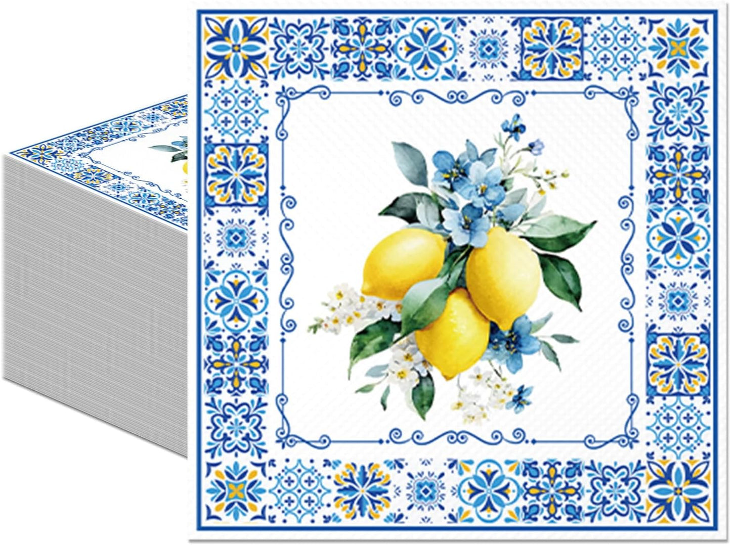 50PCS Lemon Paper Napkins Amalfi Coast Party Decorations Yellow Citrus Blue Italian Style Disposable Hand Towel For Summer Party Bathroom Wedding Supplies Table Decor