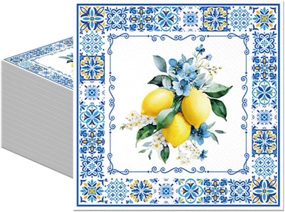50PCS Lemon Paper Napkins Amalfi Coast Party Decorations Yellow Citrus Blue Italian Style Disposable Hand Towel For Summer Party Bathroom Wedding Supplies Table Decor