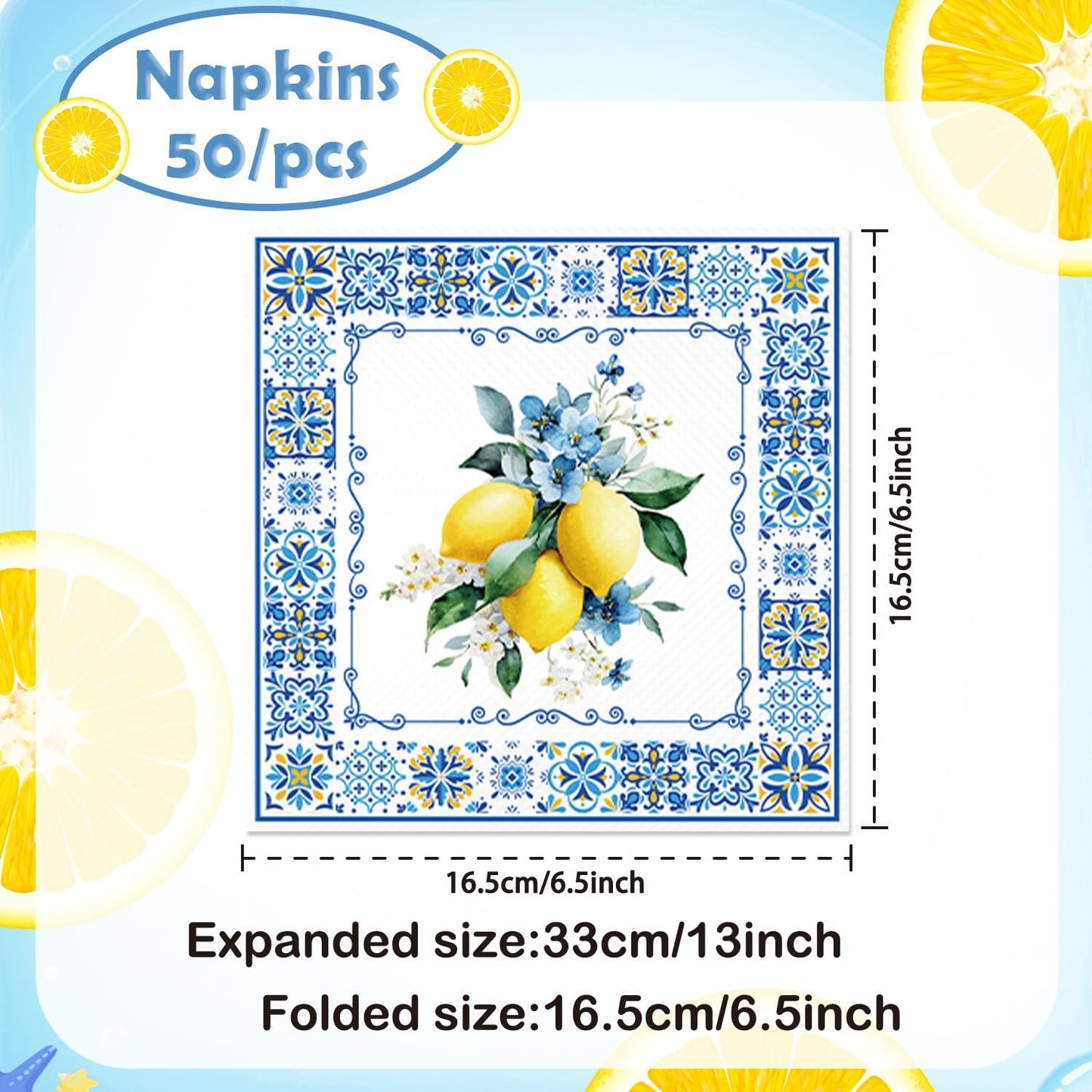 50PCS Lemon Paper Napkins Amalfi Coast Party Decorations Yellow Citrus Blue Italian Style Disposable Hand Towel For Summer Party Bathroom Wedding Supplies Table Decor
