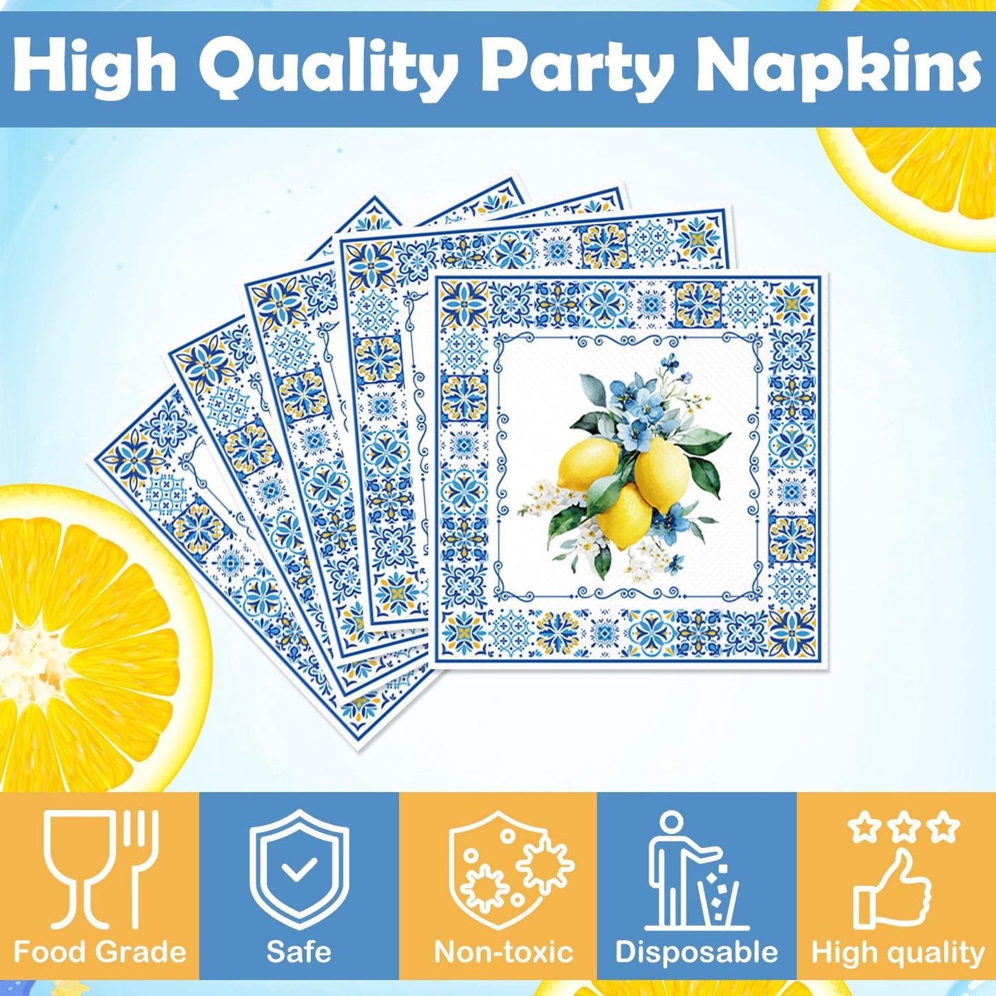 50PCS Lemon Paper Napkins Amalfi Coast Party Decorations Yellow Citrus Blue Italian Style Disposable Hand Towel For Summer Party Bathroom Wedding Supplies Table Decor