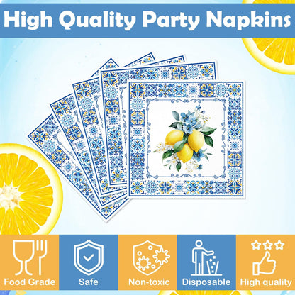 50PCS Lemon Paper Napkins Amalfi Coast Party Decorations Yellow Citrus Blue Italian Style Disposable Hand Towel For Summer Party Bathroom Wedding Supplies Table Decor