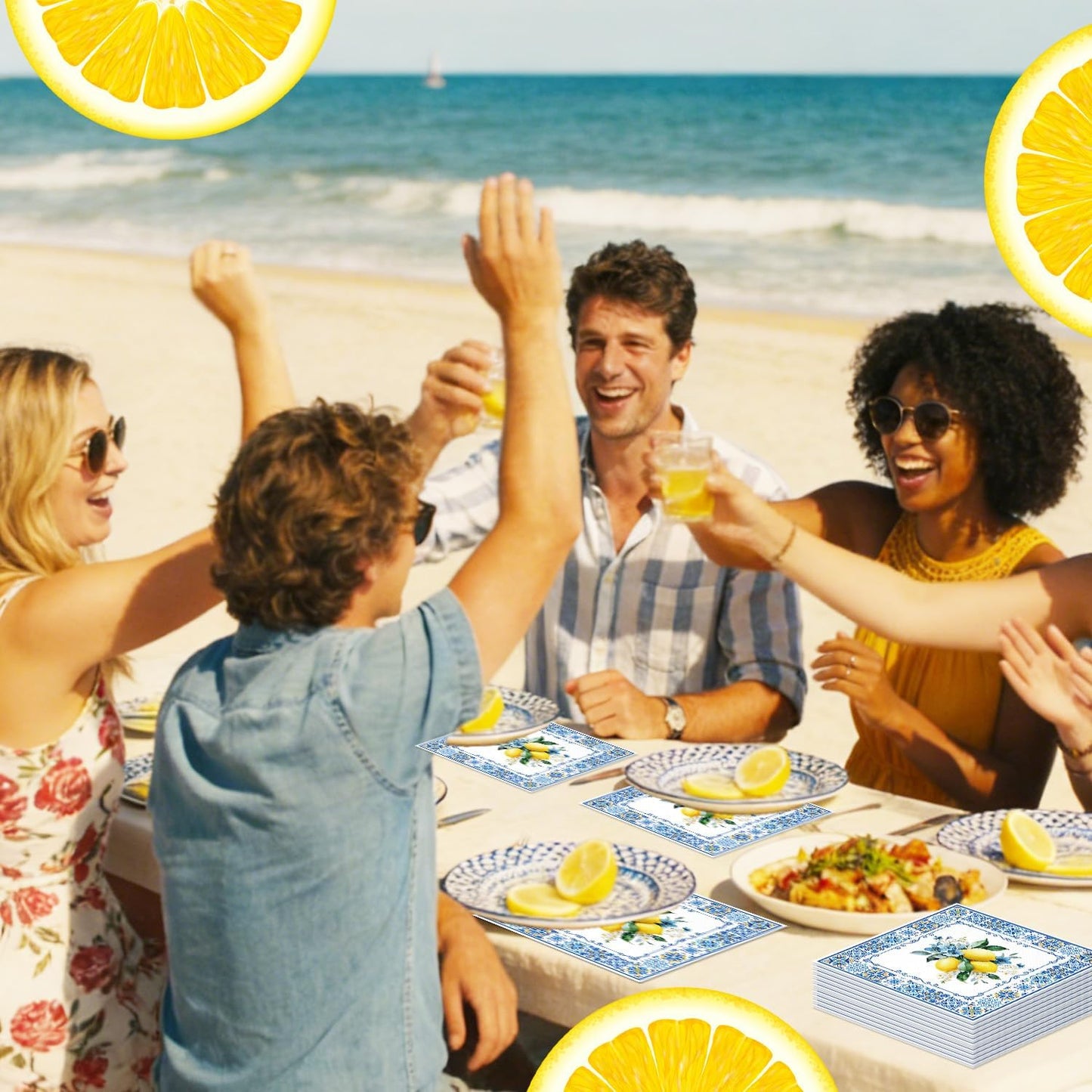 50PCS Lemon Paper Napkins Amalfi Coast Party Decorations Yellow Citrus Blue Italian Style Disposable Hand Towel For Summer Party Bathroom Wedding Supplies Table Decor