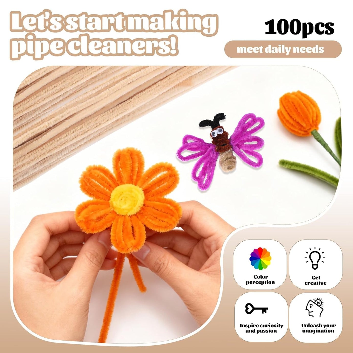 100 Pcs Pipe Cleaners Chenille Stem, Yellow Pipe Cleaners Craft | Pipe Cleaners Bulk, Fuzzy Sticks Craft Supplies for Creative Handmade DIY Art Gifts for Mom Craft Project