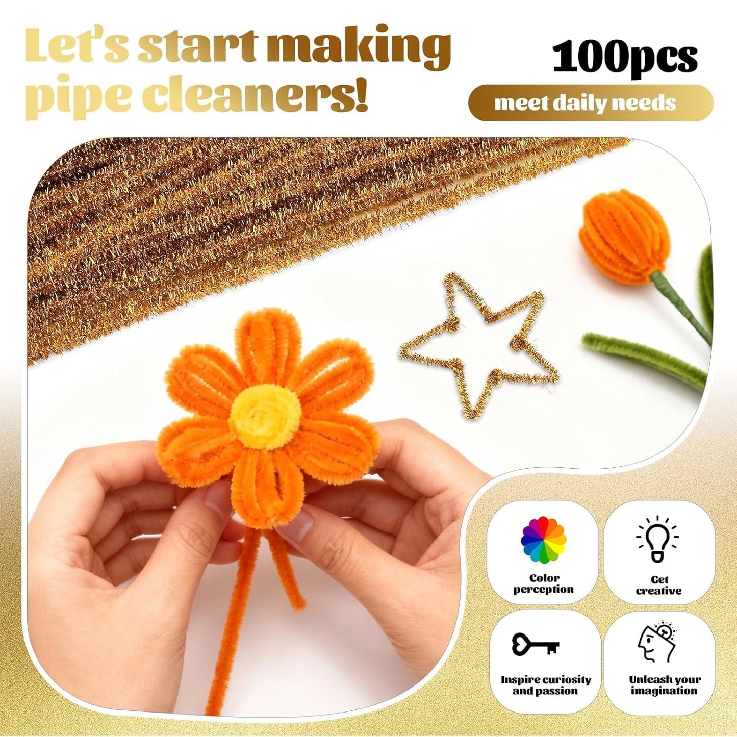 100 Pcs Pipe Cleaners Chenille Stem, Yellow Pipe Cleaners Craft | Pipe Cleaners Bulk, Fuzzy Sticks Craft Supplies for Creative Handmade DIY Art Gifts for Mom Craft Project