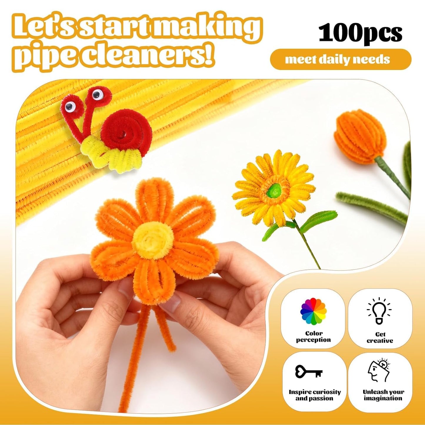 100 Pcs Pipe Cleaners Chenille Stem, Yellow Pipe Cleaners Craft | Pipe Cleaners Bulk, Fuzzy Sticks Craft Supplies for Creative Handmade DIY Art Gifts for Mom Craft Project