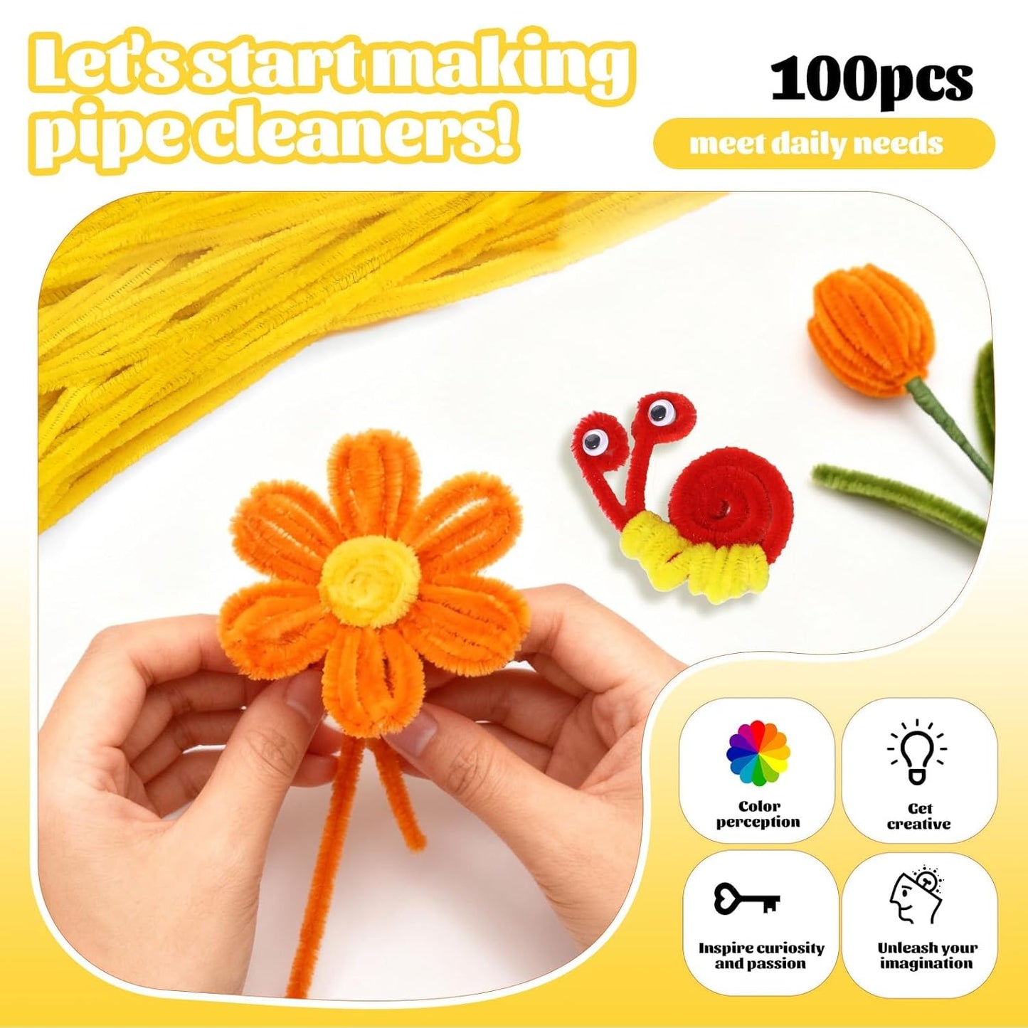 100 Pcs Pipe Cleaners Chenille Stem, Yellow Pipe Cleaners Craft | Pipe Cleaners Bulk, Fuzzy Sticks Craft Supplies for Creative Handmade DIY Art Gifts for Mom Craft Project