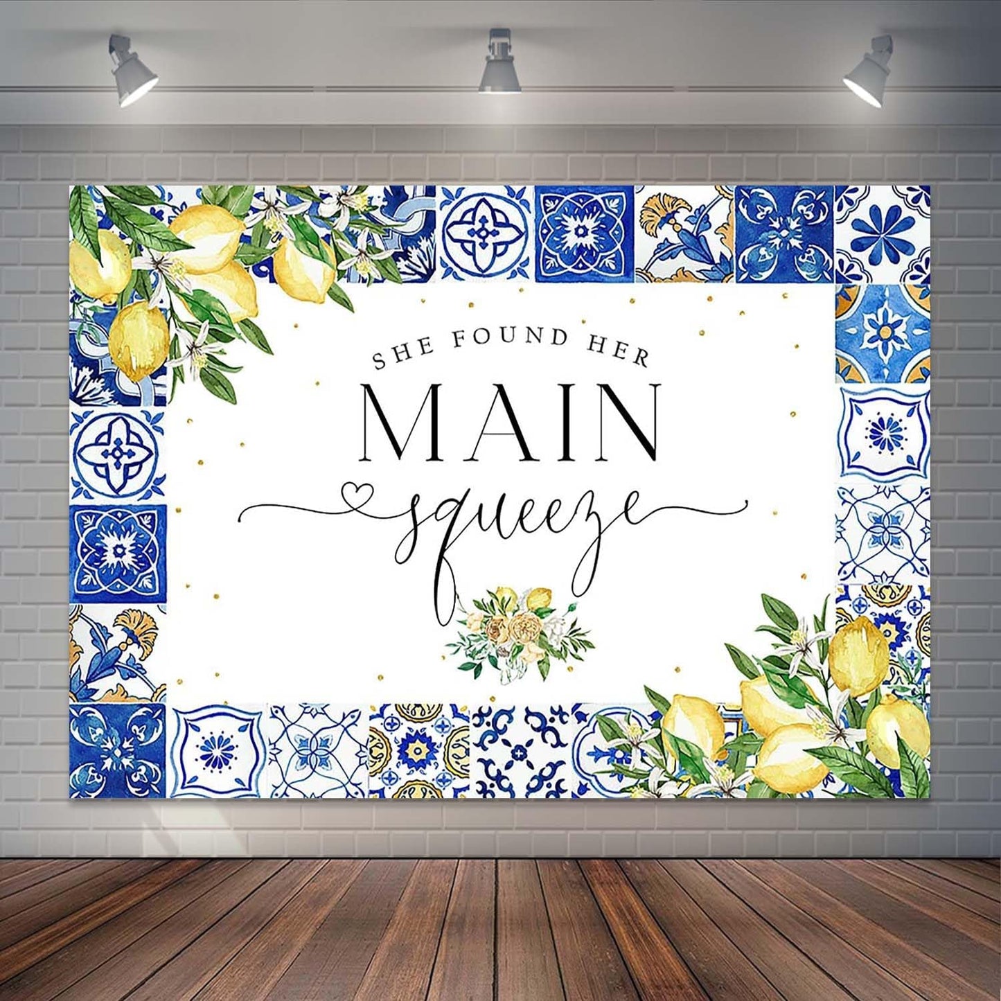 Lemon Bridal Shower Backdrop She Found Her Main Squeeze Bridal Shower Photography Background Blue Tiles Lemon Citrus Bridal Shower Party Decorations Banner Photo Booth Props (7x5ft), X-199