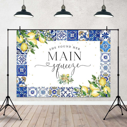 Lemon Bridal Shower Backdrop She Found Her Main Squeeze Bridal Shower Photography Background Blue Tiles Lemon Citrus Bridal Shower Party Decorations Banner Photo Booth Props (7x5ft), X-199
