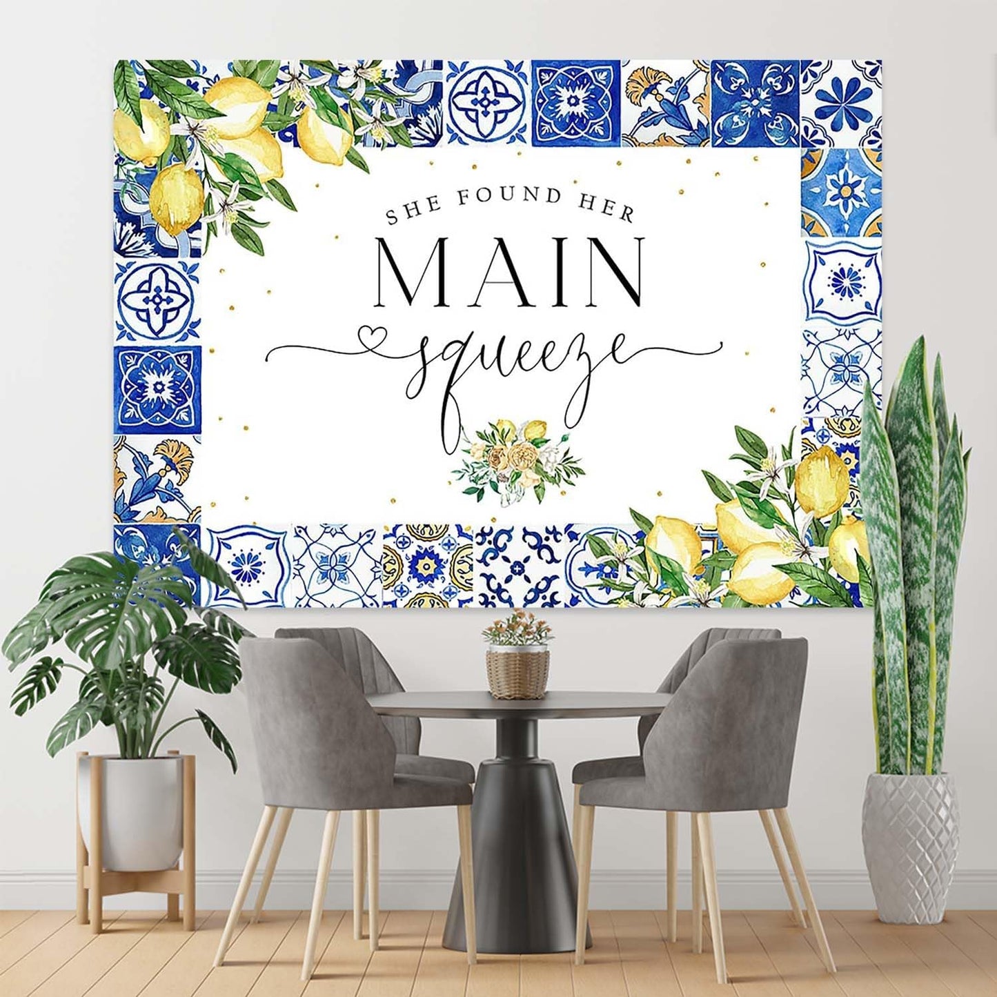 Lemon Bridal Shower Backdrop She Found Her Main Squeeze Bridal Shower Photography Background Blue Tiles Lemon Citrus Bridal Shower Party Decorations Banner Photo Booth Props (7x5ft), X-199