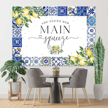 Lemon Bridal Shower Backdrop She Found Her Main Squeeze Bridal Shower Photography Background Blue Tiles Lemon Citrus Bridal Shower Party Decorations Banner Photo Booth Props (7x5ft), X-199
