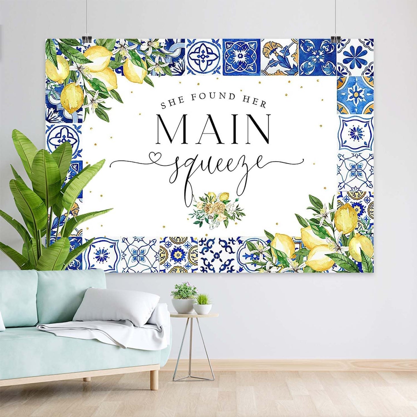 Lemon Bridal Shower Backdrop She Found Her Main Squeeze Bridal Shower Photography Background Blue Tiles Lemon Citrus Bridal Shower Party Decorations Banner Photo Booth Props (7x5ft), X-199