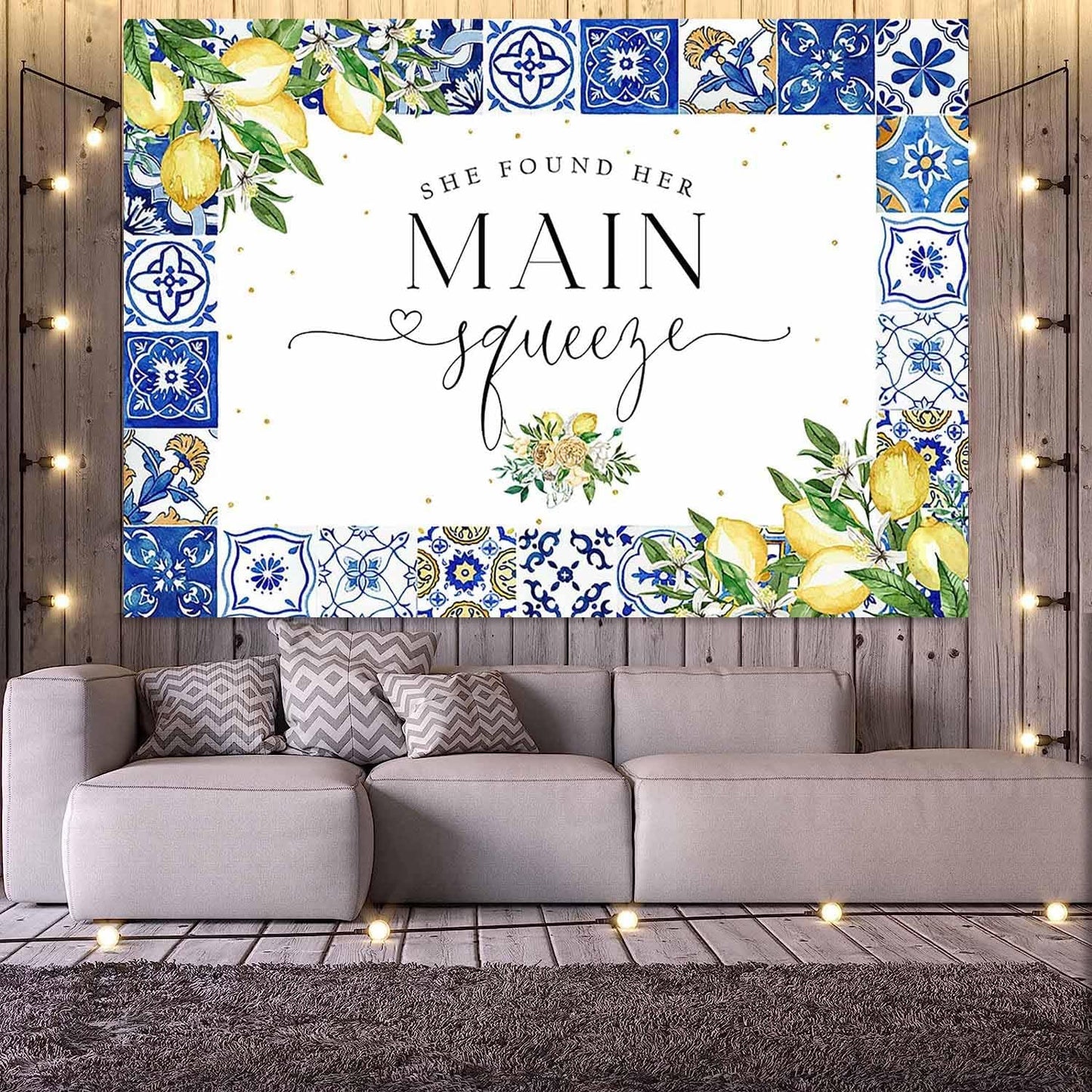 Lemon Bridal Shower Backdrop She Found Her Main Squeeze Bridal Shower Photography Background Blue Tiles Lemon Citrus Bridal Shower Party Decorations Banner Photo Booth Props (7x5ft), X-199