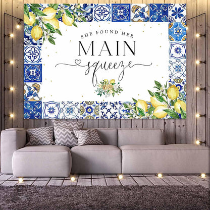 Lemon Bridal Shower Backdrop She Found Her Main Squeeze Bridal Shower Photography Background Blue Tiles Lemon Citrus Bridal Shower Party Decorations Banner Photo Booth Props (7x5ft), X-199